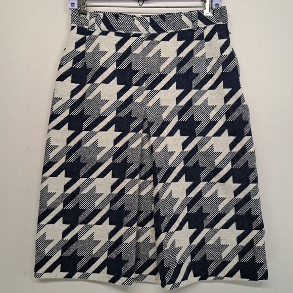 Vintage Etude Tokyo Japan Houndstooth Skirt Navy Blue Wool Blend Pleated
